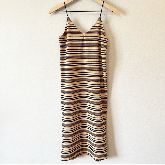 Moussy Striped Ribbed Bodycon Sleeveless Midi Dress Free Size Tan/Navy Blue - Picture 1 of 11